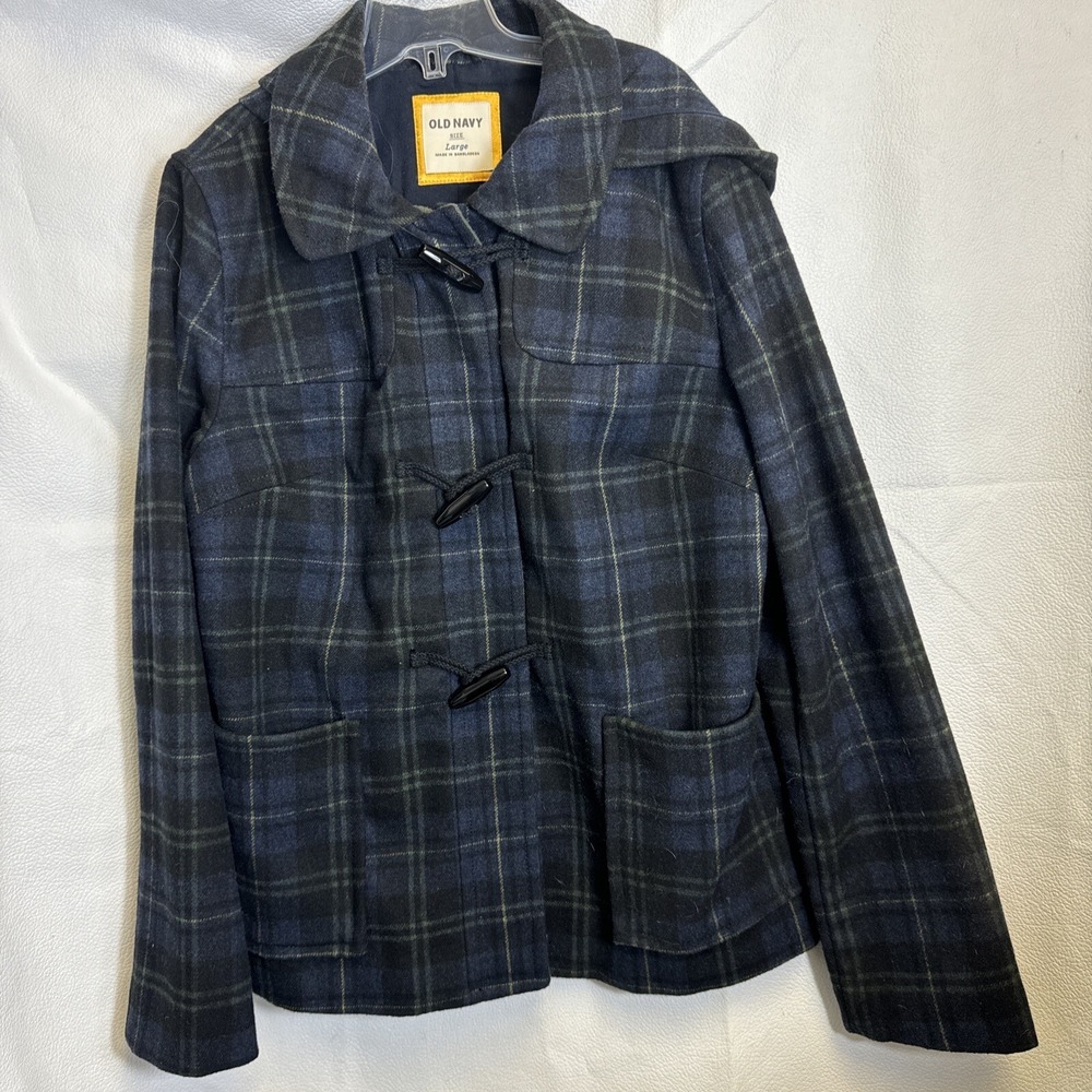 Old Navy Plaid Wool Blend Hooded Coat Blue Green Full Zip Toggle Womens Large
